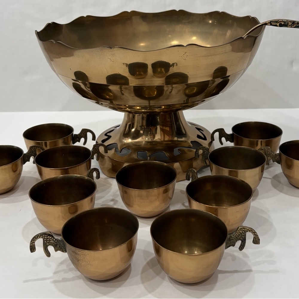 Elegant Vintage Brass Gold Punch Bowl Set with Cups and Ladle